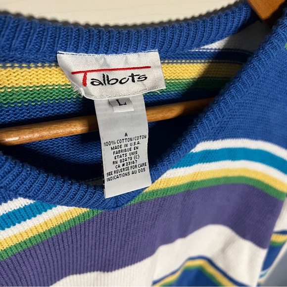 Talbots Long Sleeved V Neck Striped Sweater Size Large 100% Cotton Made in USA - Picture 2 of 4